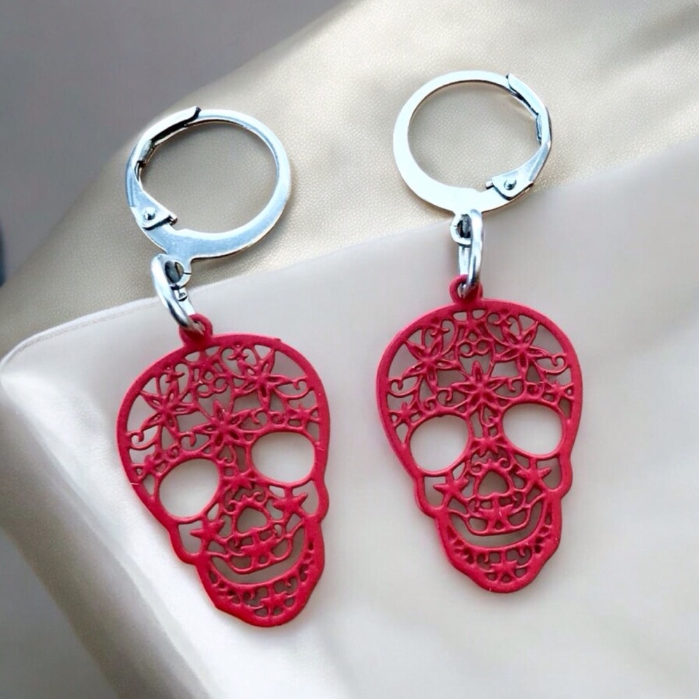 🆕 Sugar Skull Painted Thin Filigree Earrings Stainless Steel